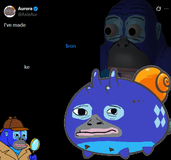 The image features a cartoon character with blue fur, which appears to be a character from a video game or animated movie. The character has a shell on its back and looks sad. There are two other characters present in the image - one of them is holding a magnifying glass over the character's head. The caption below the image reads: "BREAKING NEWS @AxieAur CONFESS HE IS THE ORIGINAL $RONKE CREATOR BULLASH NEWS STAY TUNED FOR MORE BLUE NEWS SOON".