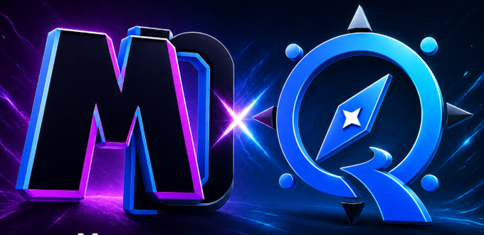 A digital graphic displays large 3D letters 'MD' in black and purple alongside a blue stylized 'Q' with a star and navigation arrows, set against a dark, cosmic background.