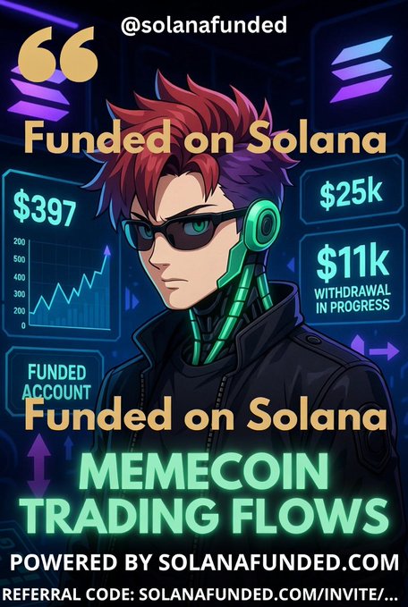 The image features a cartoon character wearing sunglasses, standing against a blue background with a neon sign that reads "Funded on Solana". The character appears to be a young man or woman who seems to be interested in cryptocurrency trading. In the bottom right corner of the image, there is text that says "MECOCOIN TRADING FLOWS", which suggests that the poster might be promoting a new cryptocurrency or a platform related to cryptocurrency trading. The poster also includes a reference code for the poster's creator and an invitation for viewers to learn more about the topic by visiting the website solanafunded.com/invite.
