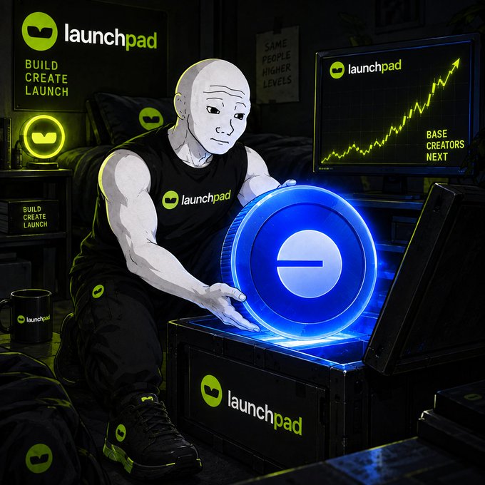 A digital illustration of a bald character in a black 'launchpad' tank top holding a glowing blue circular emblem, with 'launchpad' branded merchandise, a 'BUILD CREATE LAUNCH' sign, and a screen showing an upward chart labeled 'BASE CREATORS NEXT'.