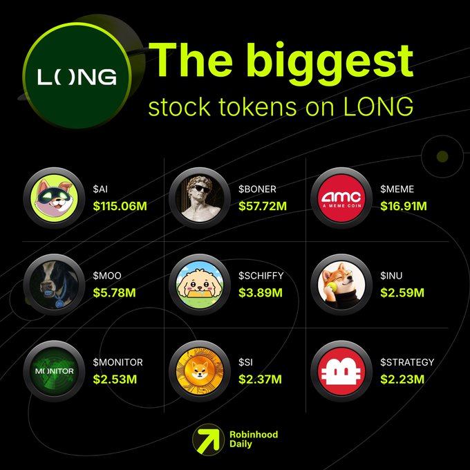 An infographic titled 'The biggest stock tokens on LONG' displaying nine meme coin tokens including $AI ($115.06M), $BONER ($57.72M), $MEME ($16.91M), $MOO, $SCHIFFY, $INU, $MONITOR, $SI, and $STRATEGY, credited to Robinhood Daily.