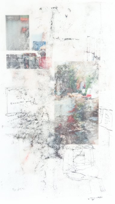 An abstract mixed-media artwork featuring layered textured papers with faint images, sketches, handwritten notes in pencil, and muted washes of color creating a collage-like composition.