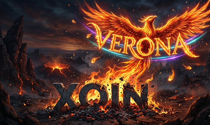 The image features a large, fiery bird with wings spread wide, soaring through a dark sky filled with flames. The bird's vibrant colors contrast sharply against the black background of the fire. In the bottom right corner of the image, there are words written in white text that read "XION is now becoming @verona_dev". This suggests that the image has been used as part of a promotional campaign for a new album or release from the artist Xion.

The post on social media platforms like Twitter and Instagram showcases the album cover art, which includes the fiery bird and the text "XION is now becoming @verona_dev". The use of the fire imagery in the image helps to create an intense and captivating visual experience for viewers, drawing their attention to the album title.