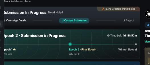 A dark-themed dashboard showing a content submission in progress for Epoch 2 - Submission in Progress, with time left 1d 18h 50m, 6,175 Creators Participated, and an Epoch 1 to Epoch 2 to Winner Reveal timeline.