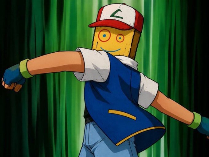 An anime-style character with a yellow smiley-face mask wearing a red and white cap, blue vest, and gloves, posed dynamically against a green streaked background.