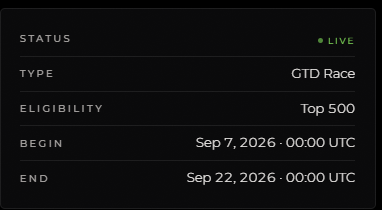 A dark interface panel displays event details: "STATUS: LIVE", "TYPE: GTD Race", "ELIGIBILITY: Top 500", "BEGIN: Sep 7, 2026 - 00:00 UTC", and "END: Sep 22, 2026 - 00:00 UTC".