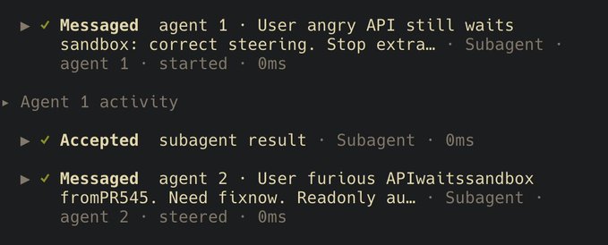 A code or terminal log showing activity for agents 1 and 2, including messages about API sandbox steering and 'User angry' or 'User furious' status updates.