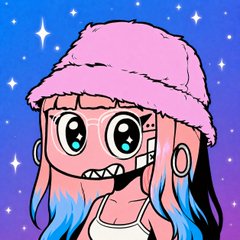 A cartoon-style illustration of an anime character with pink hair, large expressive eyes, and a pink fluffy bucket hat against a sparkly blue/purple gradient background.
