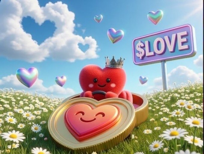The image features a red heart-shaped plush toy sitting inside a gold box with a smiley face design. The heart has a crown on its head, giving it an regal appearance. The background of the image shows a field filled with white flowers, creating a serene and peaceful atmosphere. In the top right corner of the image, there is a sign that says "LOVE" in purple letters.