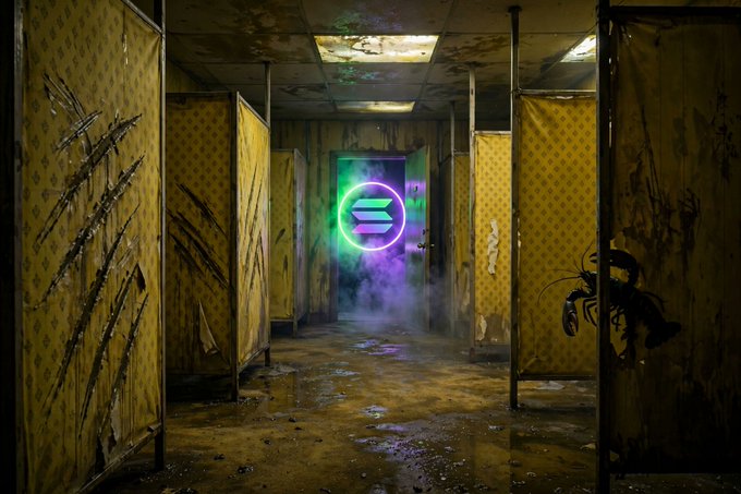 A dark, atmospheric hallway with dilapidated yellow cubicle walls, claw marks scratched into the walls, and a glowing teal Solana logo emitting purple mist at the far end.