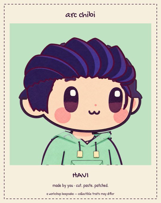 An 'arc chibi' digital collectible card featuring a cartoon character named 'HAVI' with purple hair and a green hoodie, noted as 'made by you - cut, paste, patched.'
