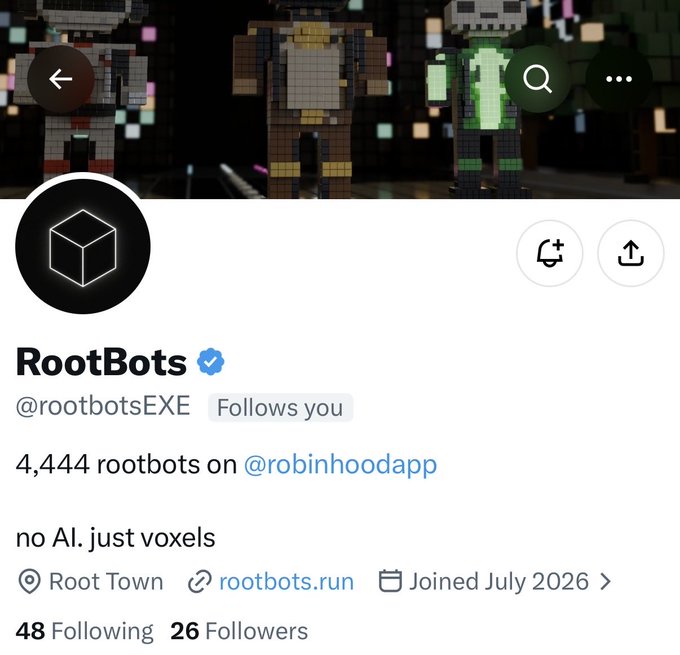 The image shows the RootBots profile with 4,444 rootbots launching on RobinhoodApp. The post emphasizes their voxel robot art with utility and that they are launching early with only 26 followers.