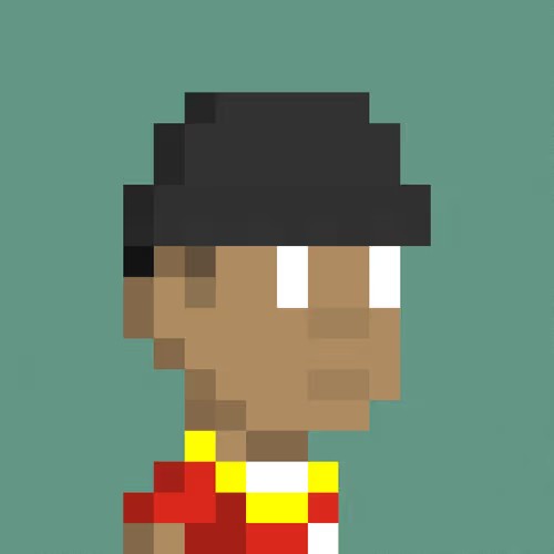 A pixel art portrait shows a person with dark skin, a black hat, and a yellow, red, and white shirt against a teal background.