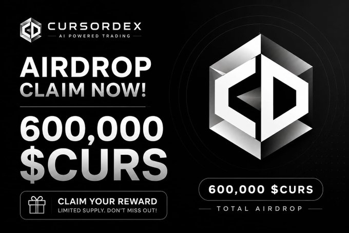 A promotional graphic for CursorDex (AI Powered Trading) announces a 600,000 $CURS token airdrop, featuring their cube-shaped logo and a "Claim Now" call-to-action, which corresponds to the accompanying post's offer of a 500,000 $CURS giveaway to users who follow, retweet, like, and share their SOL wallet address.