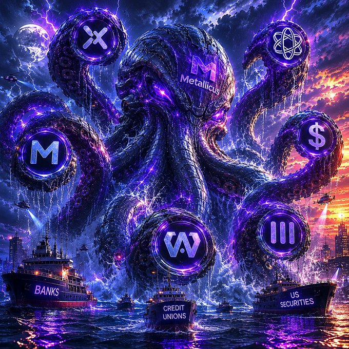 A fantasy digital artwork featuring a giant purple kraken-like creature labeled 'Metallicus' with various cryptocurrency symbols (X, M, W, $, atom, and III) for eyes, with ships labeled 'BANKS', 'CREDIT UNIONS', and 'US SECURITIES' in the foreground.