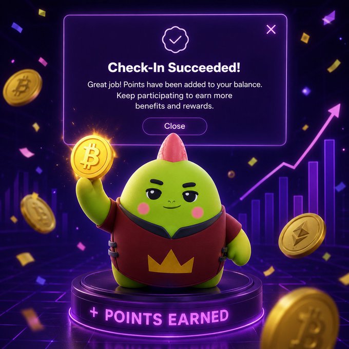 A green cartoon character wearing a red robe with a gold crown holds up a Bitcoin coin on a purple podium labeled '+ POINTS EARNED,' with a 'Check-In Succeeded!' notification showing points have been added.
