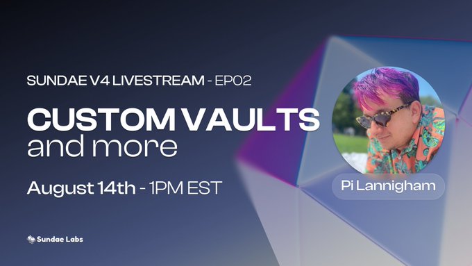 Promotional graphic for the Sundae V4 Livestream Episode 2 featuring CTO Pi Lanningham, with bold text announcing "CUSTOM VAULTS and more" scheduled for August 14th at 1PM EST, visually tying to the post's announcement about upcoming advanced yield-generating vault topics.