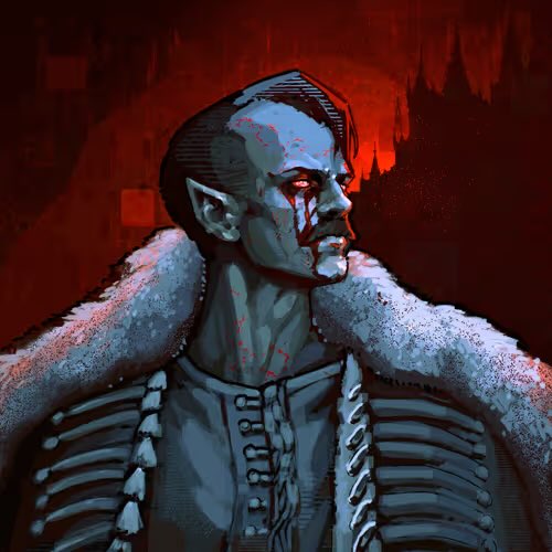 A dark, stylized digital painting of a vampire-like figure with pointed ears, a goatee, and glowing red eyes, wearing a fur-collared coat against a blood-red background.