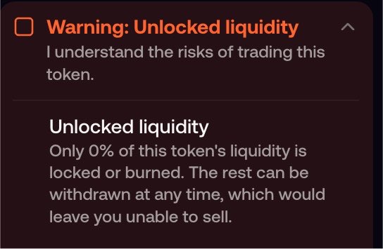 A warning notification from a trading platform displays "Unlocked liquidity" with the message "Only 0% of this token's liquidity is locked or burned," alerting users to the risk. The image highlights a critical red flag about the $pipedog token that the vibecoded app allegedly failed to detect.