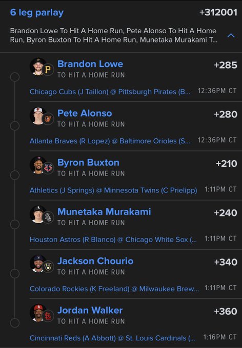 A 6-leg parlay with +312001 odds featuring home run bets on Brandon Lowe (+285), Pete Alonso (+280), Byron Buxton (+210), Munetaka Murakami (+240), Jackson Chourio (+340), and Jordan Walker (+360), capturing the ultimate "$10 and a dream" longshot wager on multiple MLB players to go yard.