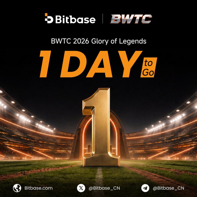 The promotional graphic for the BWTC 2026 "Glory of Legends" trading competition, sponsored by Bitbase, features a countdown announcement reading "1 DAY to Go" alongside a large golden "1" centerpiece in a stadium setting. It visually builds anticipation for the $1,000,000 prize pool mentioned in the post, encouraging skilled traders to register via Bitbase before the competition begins.