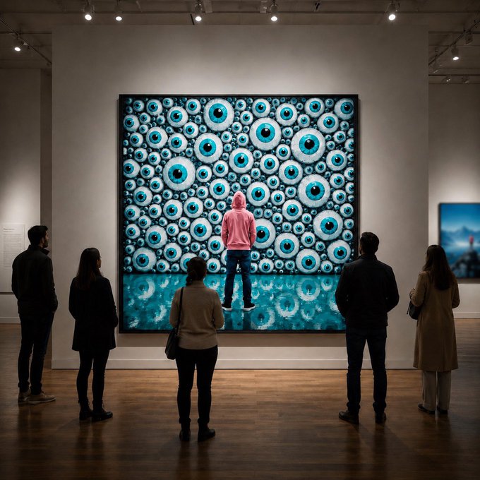 Visitors in an art gallery view a large installation covered in blue eyeballs, with one person in a pink hoodie standing directly in front of it.