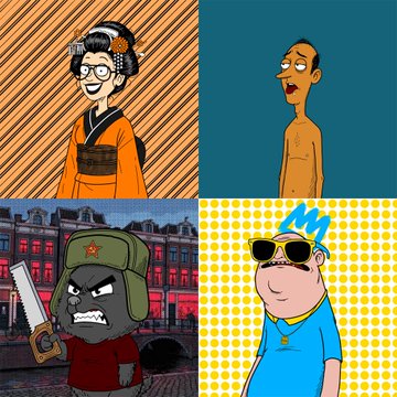 A four-panel cartoon featuring anime-style and other animated characters, including a shocked character and a figure with a saw wearing a ushanka.