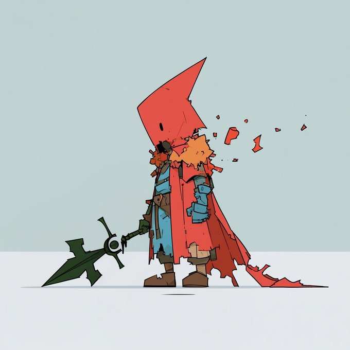An illustration of a mysterious hooded figure in a tattered red cape, holding a large sword, with shards of red breaking apart from its body against a light blue background.