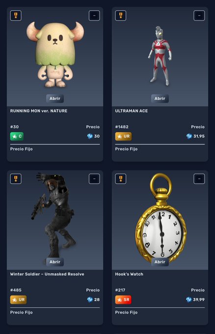 A mobile app interface displaying four digital collectible items for sale: 'RUNNING MON ver. NATURE' (#30), 'ULTRAMAN ACE' (#1482), 'Winter Soldier - Unmasked Resolve' (#485), and 'Hook's Watch' (#217), all priced in diamonds.