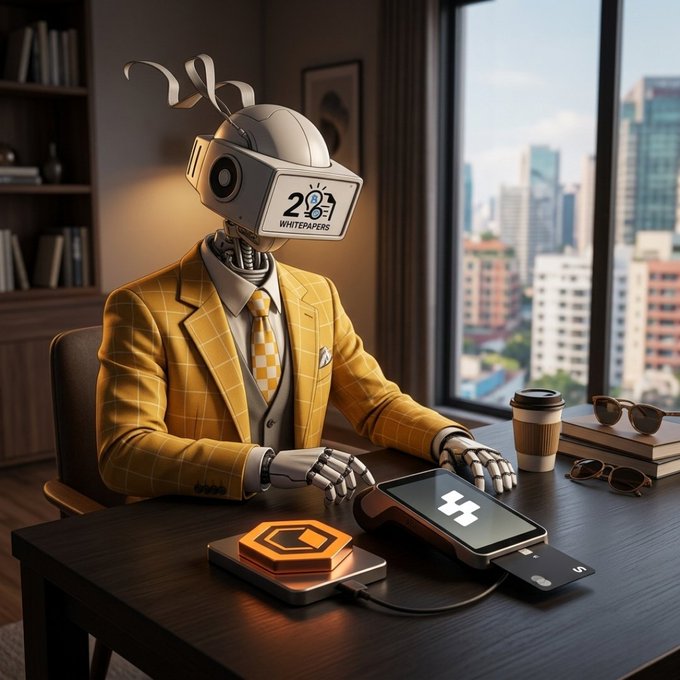 The image features a robot wearing a suit, sitting at a desk with a laptop computer and a cup of coffee nearby. The robot appears to be working or studying, possibly using Bitcoin as its currency for transactions. The scene suggests that the robot is focused on daily life rather than solely concentrating on Bitcoin trading. This could imply that the robot values real-life experiences and connections over virtual wealth.