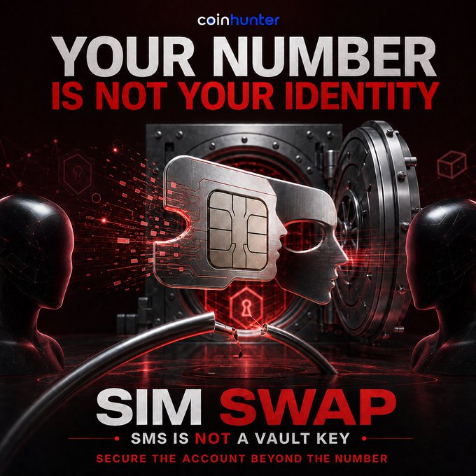A dark-themed warning advertisement from "coinhunter" with the headline "YOUR NUMBER IS NOT YOUR IDENTITY" and "SIM SWAP - SMS IS NOT A VAULT KEY - SECURE THE ACCOUNT BEYOND THE NUMBER", showing silhouettes around a vault with a SIM card and keyhole.