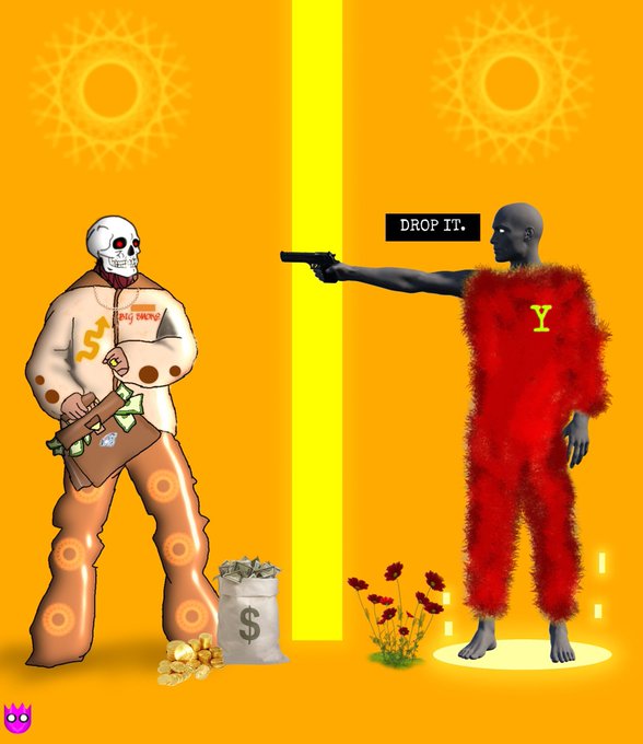 A surreal orange illustration contrasts a money-themed figure carrying cash with a red-furred, gray-skinned figure pointing a gun and saying “DROP IT.”