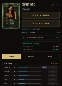 A game interface screen for a character named 'CLOWN VAN' with 'Hire A Trainer' and 'Auto-Takeover' options, showing Enforcer stats including Muscle 9/20, Hustle 8/20, Brains 9/20, Rep 5/20, and Grit 6/20.