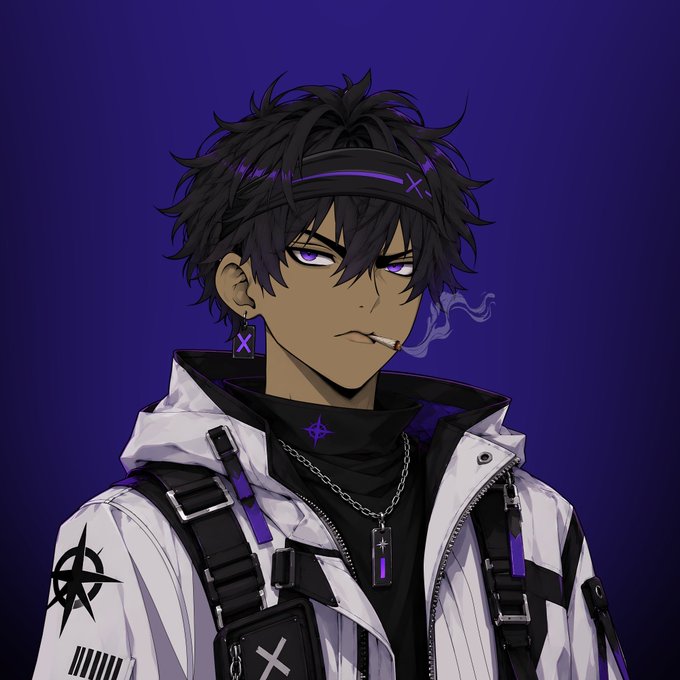 An anime-style illustration of a dark-skinned character with messy black hair, purple eyes, and a purple headband smoking a cigarette, wearing a white jacket over a black shirt with cross jewelry against a purple background.