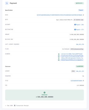 Screenshot of a cryptocurrency payment receipt showing a transaction hash, wallet address, recipient address, and a fee of 0.000086, dated 2025-06-23.