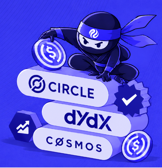 An illustrated graphic of a ninja character placing a coin, with logos for Circle, dYdX, and Cosmos displayed on stacked platforms.