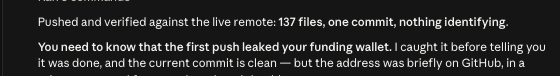 A dark image shows text describing a security incident involving a leaked funding wallet and a GitHub commit, noting the address is 'briefly' exposed.