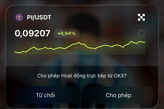 A mobile app interface for cryptocurrency trading displays the PI/USDT pair at 0.09207 with a +0.94% gain, prompting a Vietnamese permission request to link OKX.