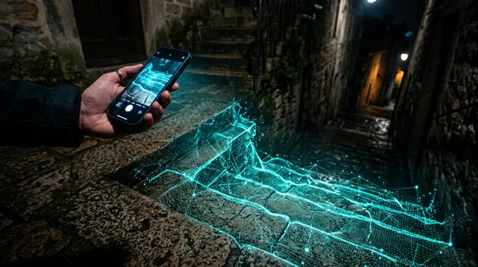 A hand holds a smartphone displaying a digital interface, while a glowing cyan holographic projection extends outward onto the cobblestone street below.