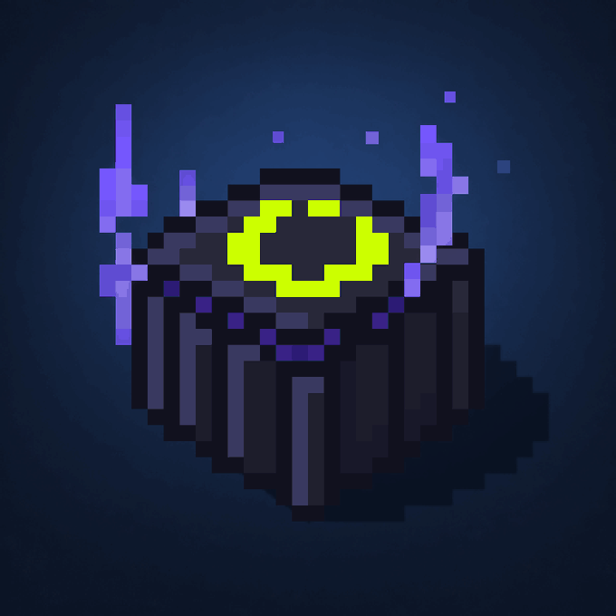 Pixel art illustration of a dark, shadowy figure with glowing yellow/green eyes and purple energy emanating from its shoulders against a dark blue background.
