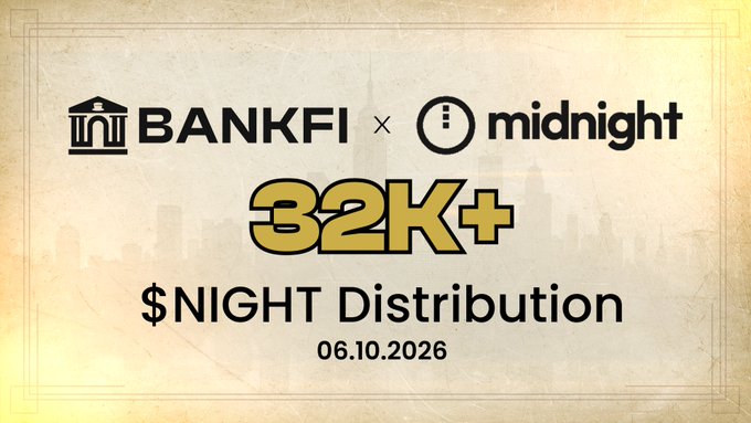 The image features a promotional poster for a bank called BankFi. The poster has a brown background with black text that says "BankFi" at the top and displays the number "32k+ $NIGHT distribution" below. It also indicates that there's a $2k bonus available for those who participate in the BankFi ecosystem. The poster emphasizes that this promotion is limited to a specific period, starting from June 10th, and encourages people to connect their accounts before June 10th to take advantage of this special offer.