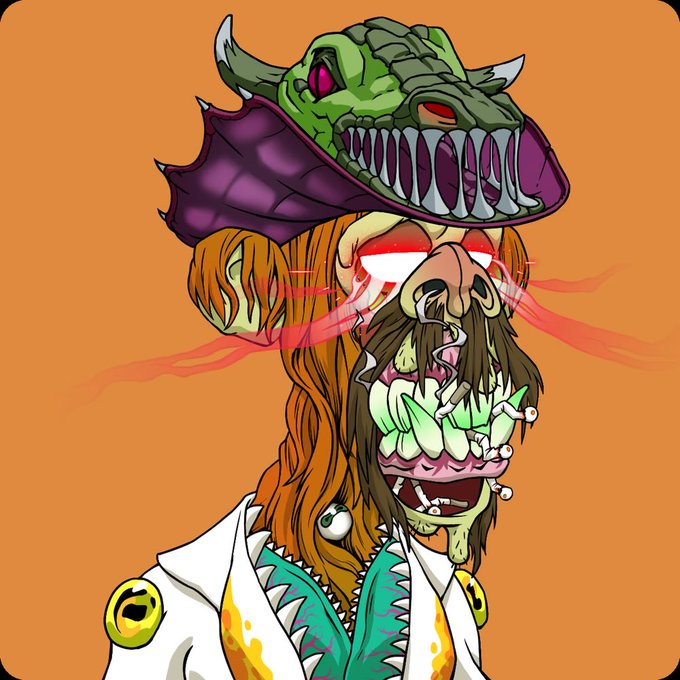 The image features a cartoon character with an orange body wearing a white shirt and hat that has a green dragon headband on top of it. The character also has a mustache and a beard, giving them a unique appearance. The background color of the image is orange, which contrasts with the character's outfit. There are no texts or other objects in the image, making the focus solely on the cartoon character and their attire.