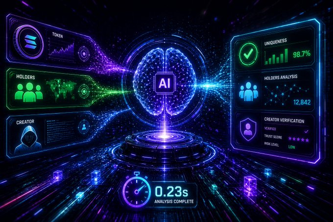 A futuristic AI analysis dashboard displaying token info, holders analysis (12,842 holders), creator verification with 98.7% uniqueness, and a 0.23s analysis complete timer around a glowing brain/AI core.