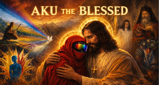 A religious illustration titled 'AKU THE BLESSED' depicting a bearded figure resembling Jesus embracing a character in a red cloak and ski goggles, surrounded by other spiritual figures and a rainbow-colored beam of light.