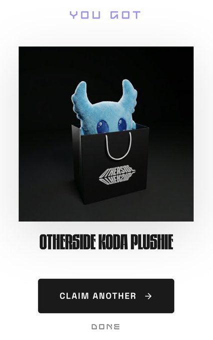 The image shows a black background with a white text box containing information about a product, specifically a stuffed animal named "My Koda secured." The text box also includes an option for claiming another item if the current one has been claimed.