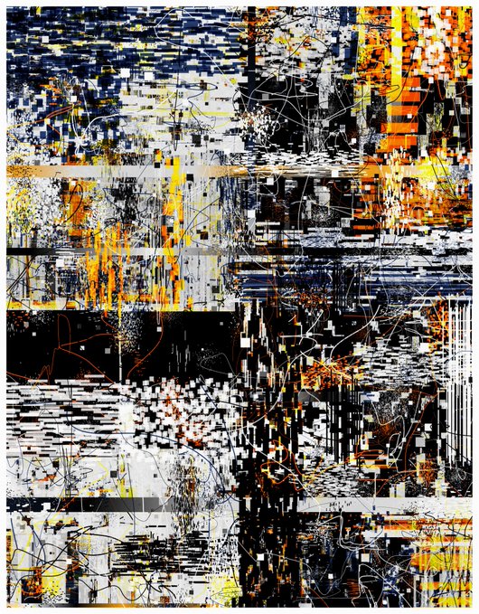 An abstract, chaotic painting featuring a grid-like composition with black, white, yellow, and orange colors, filled with erratic lines, splatters, and rectangular blocks.