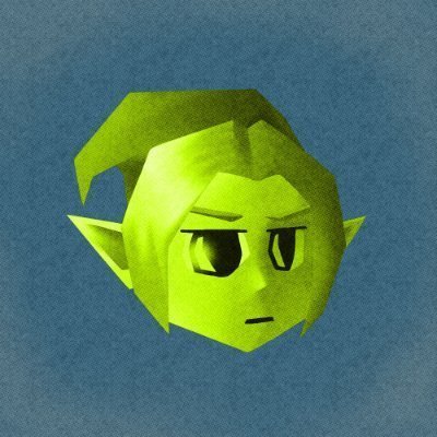 A 3D-rendered green low-poly head of a goblin-like character with pointed ears and a skeptical expression against a blue background.