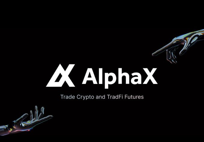 A logo for "AlphaX" with the tagline "Trade Crypto and TradFi Futures" on a black background, flanked by iridescent metallic hands pointing toward the center.