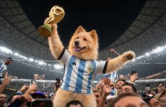 A costumed dog mascot in an Argentina jersey hoists the World Cup trophy triumphantly while being lifted by cheering fans in a packed stadium. The image serves as a viral sports celebration metaphor for $BUDDY's new 540K token meme contest, framing the community-driven token launch as a championship-winning moment.