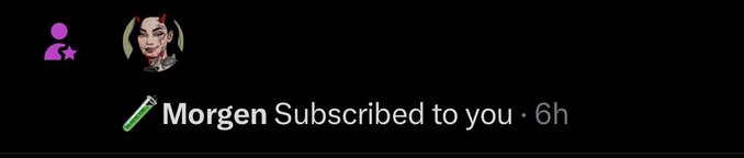 A dark screenshot showing a YouTube-style subscription notification that reads "Morgen Subscribed to you · 6h" with a stylized avatar featuring horns.